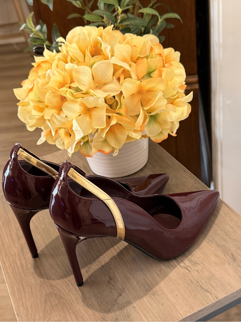 Marc Fisher Burgundy Patent Pointed Toe Heels with Gold Trim